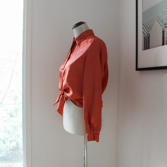 SOLD-Vintage 1950s Orange Satin Tie Front Western Crop Top / Shiny Dagger - Picture 6 of 9